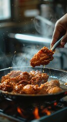 a close up of a person cooking food in a frying pan with a spatula in one hand and a frying pan in the other.