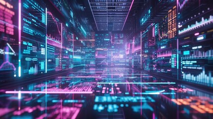 Fototapeta premium A virtual stock market floor complete with bustling traders and soaring stock prices immerses the viewer in the dynamic world of financial