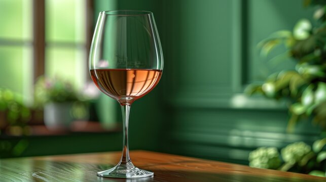 a glass of wine sitting on top of a table next to a potted plant on a window sill.