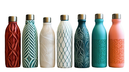 Stainless water bottles, green energy concept, colourful metal bottles - obrazy, fototapety, plakaty