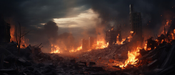 Naklejka premium Apocalyptic Scene of a City Engulfed in Flames and Ruins Under a Dark Smoke-Filled Sky