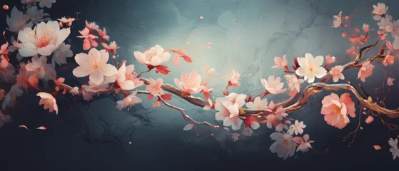 Tuinposter Cherry Blossoms Artfully Displayed on a Dramatic Dark Background with a Painted Effect © Priessnitz Studio