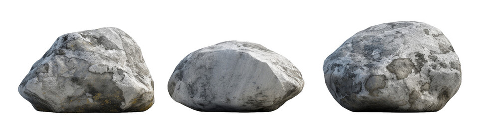 Trio of Grey Stones Isolated on White Background, Zen Garden Rocks with Natural Textures