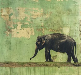 a painting of an elephant standing in front of a grungy wall with grass on the ground and dirt on the ground.