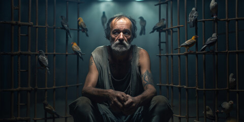 Elderly Man with Tattoos Seated in a Cage Surrounded by Various Birds