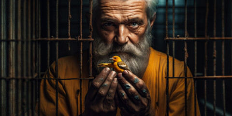 Elderly Man with a Long Beard Holding a Small Orange Bird Behind Rusty Jail Bars