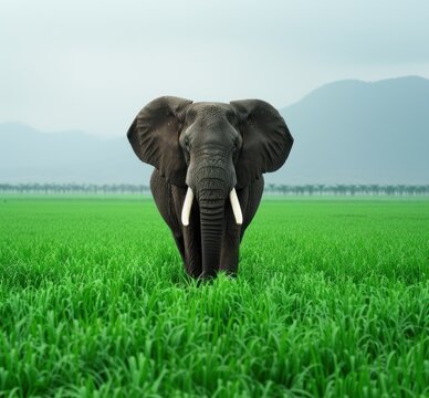 an elephant is standing in the middle of a field of green grass with mountains in the distance in the distance.