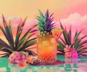 a pineapple sitting on top of a pineapple in a glass next to other pineapples on a table.