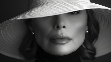 a black and white photo of a woman's face wearing a wide brimmed, wide brimmed hat.