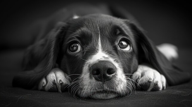 a black and white photo of a dog's face with it's paws on the ground looking at the camera.
