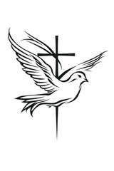 Vector image of a flying dove and a cross on a white background. Line drawing.