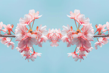 pink pink cherry blossoms in full bloom on a blue sky - obrazy, fototapety, plakaty