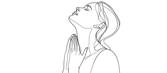 Young woman praying. Continuous line drawing. Vector illustration.
