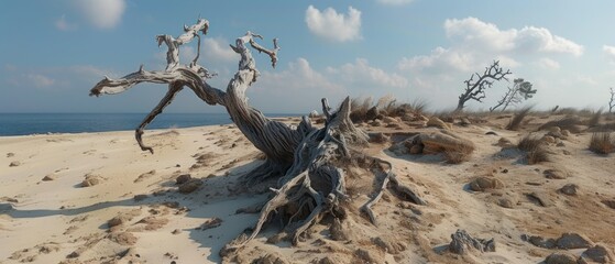 a dead tree sitting on top of a sandy beach next to a body of water with clouds in the sky.