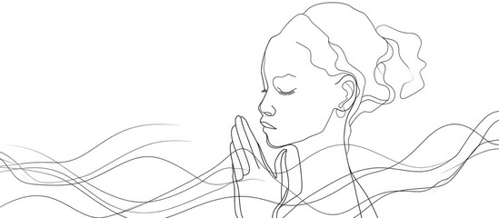 Young woman praying. Continuous line drawing. Vector illustration.