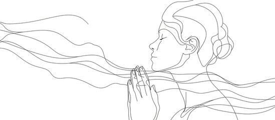Continuous one single abstract line drawing of young woman praying with her hands together.
