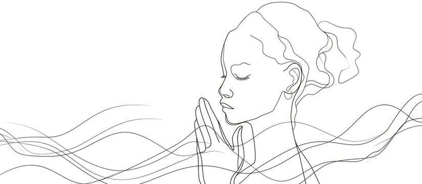 Young woman praying. Continuous line drawing. Vector illustration.