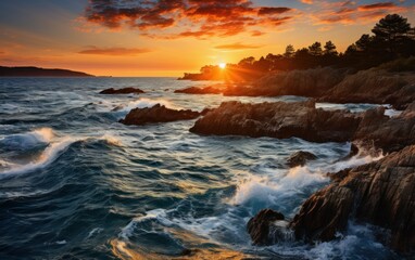 Obraz premium A stunning sunset casts a golden glow over the ocean as powerful waves crash against the rocky shoreline.
