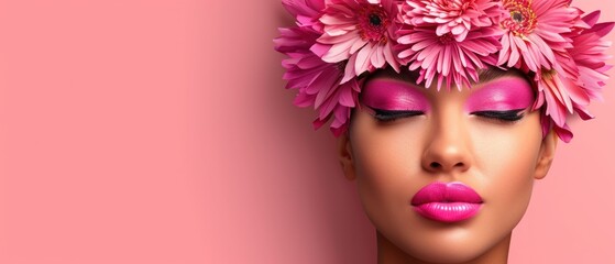 a woman's face with pink flowers on her head and pink lipstick on her lips, with a pink background.