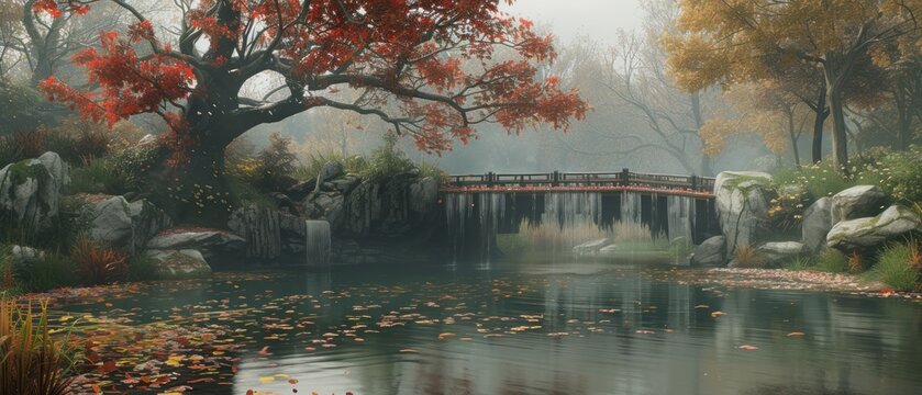 a painting of a bridge over a body of water surrounded by rocks and trees with leaves floating on the water.