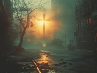 Obraz premium Cross in a foggy city street in the early morning at sunrise.