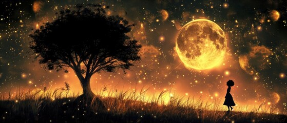 a silhouette of a girl standing in front of a tree in a field with a full moon in the background.