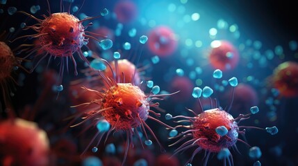 Digital illustration of virus particles in high detail, showcasing spikes on the viral envelope with a dramatic, dark background.