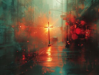 Cross on the street in a foggy night.