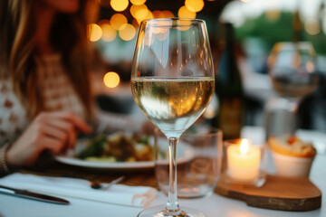 Obraz premium Solitary woman at restaurant table with glass of wine. Female drinking alcohol, celebrating date alone. Respectable woman is having lunch at restaurant