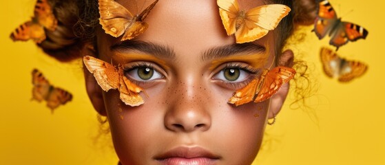 a close up of a child's face with a bunch of butterflies on it's forehead and eyes.