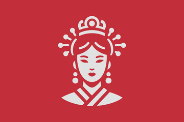  Chinese princess logo. beautiful young woman. Queen. Face, portrait. Simple illustration white on red. Icon, emblem © Victoria