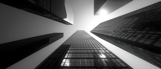 a black and white photo of skyscrapers with the sun shining through the windows in the middle of the picture.