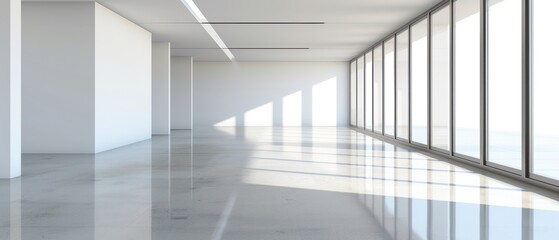 an empty white room with lots of windows and a clock on the side of the wall in the center of the room.