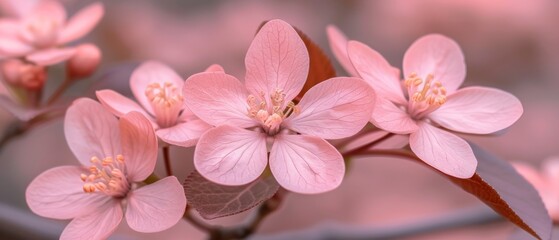 a close up of a pink flower on a branch with other flowers in the back ground and a blurry background.