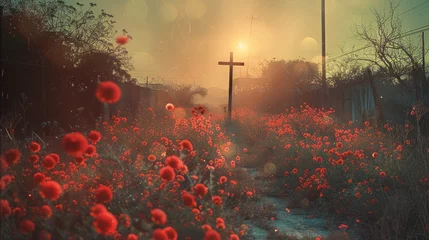Schilderijen op glas Cross in a red poppies field at sunset. Toned. © Faith Stock