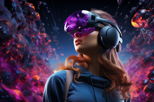 young woman wearing mixed reality glasses equipped with VPT binoculars, gaming, 3d, virtual content.