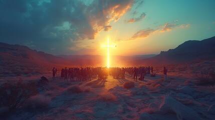 Cross of Jesus Christ in the desert. Crowd of people gathering together, praying. - obrazy, fototapety, plakaty