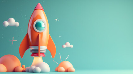 Childlike 3D Rocket Blastoff and Soaring Amidst Blue Space Background with Copy Space - obrazy, fototapety, plakaty