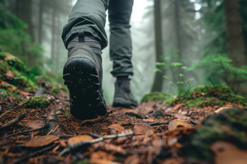 Male hiker in mountain, Back view of traveler boots walking in forest, Adventures in nature, active recreation.