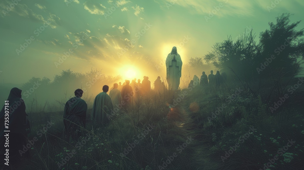 Wall mural Jesus appears to his followers in the rays of light. Biblical scene at sunrise. Digital painting. - Wall murals