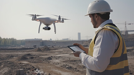 Drone inspection. Operator inspecting construction site control by civil engineer. created with ai