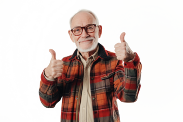 Portrait of happy elderly person showing thumbs up gesture isolated on transparent background, Expressing positivity and approval gesture