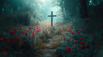 Wooden cross in the middle of the forest with red flowers.