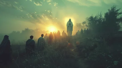Zelfklevend Fotobehang Jesus appears to his followers in the rays of light. Biblical scene at sunrise. Digital painting. © Faith Stock
