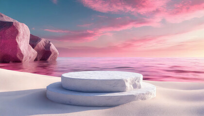Obraz na płótnie Canvas White stone podium with beach background. Minimal scene podium for product presentation or advertising