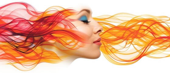 a woman's face with red, orange and yellow smoke coming out of it's eyes and her hair blowing in the wind.