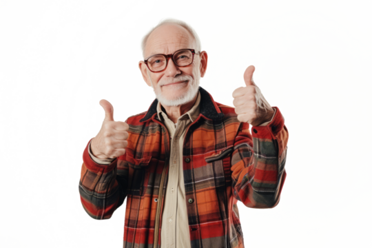 Portrait of happy elderly person showing thumbs up gesture isolated on transparent background, Expressing positivity and approval gesture