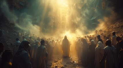 Jesus appears to his followers in the rays of light. Biblical scene at sunrise. Digital painting.