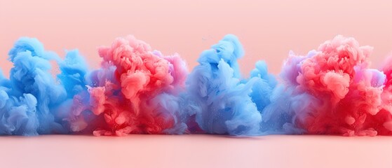 a group of blue, red and pink smokes on a pink background with space for text on the left side of the image.