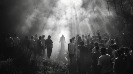 Jesus appears to his followers in the rays of light. Biblical scene in the fog. Digital painting. Black and white. - obrazy, fototapety, plakaty